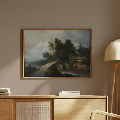 Premium Poster of Serene Countryside Cottage with Bridge Art Posters