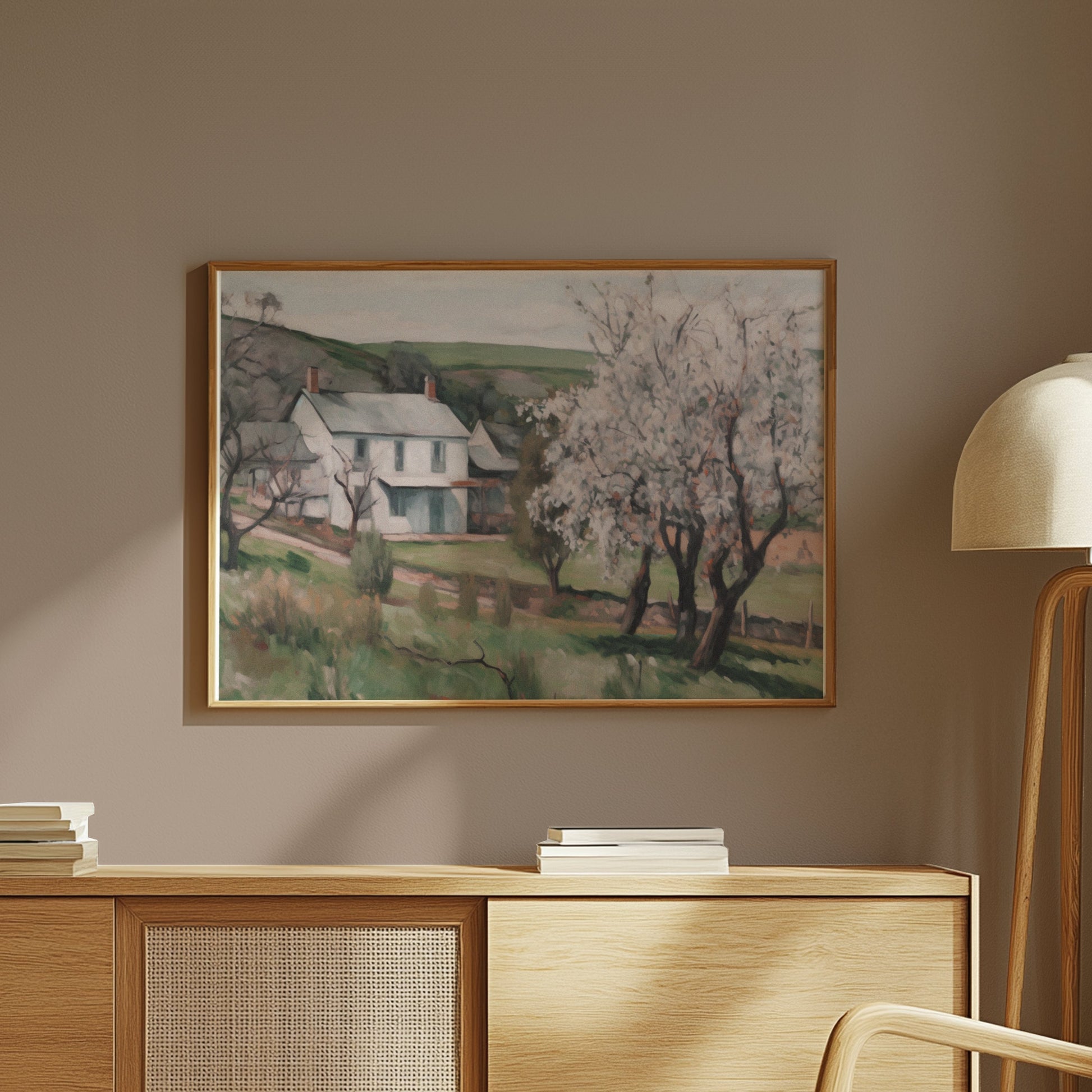Premium Poster of Serene Countryside Home with Blossoming Trees Posters