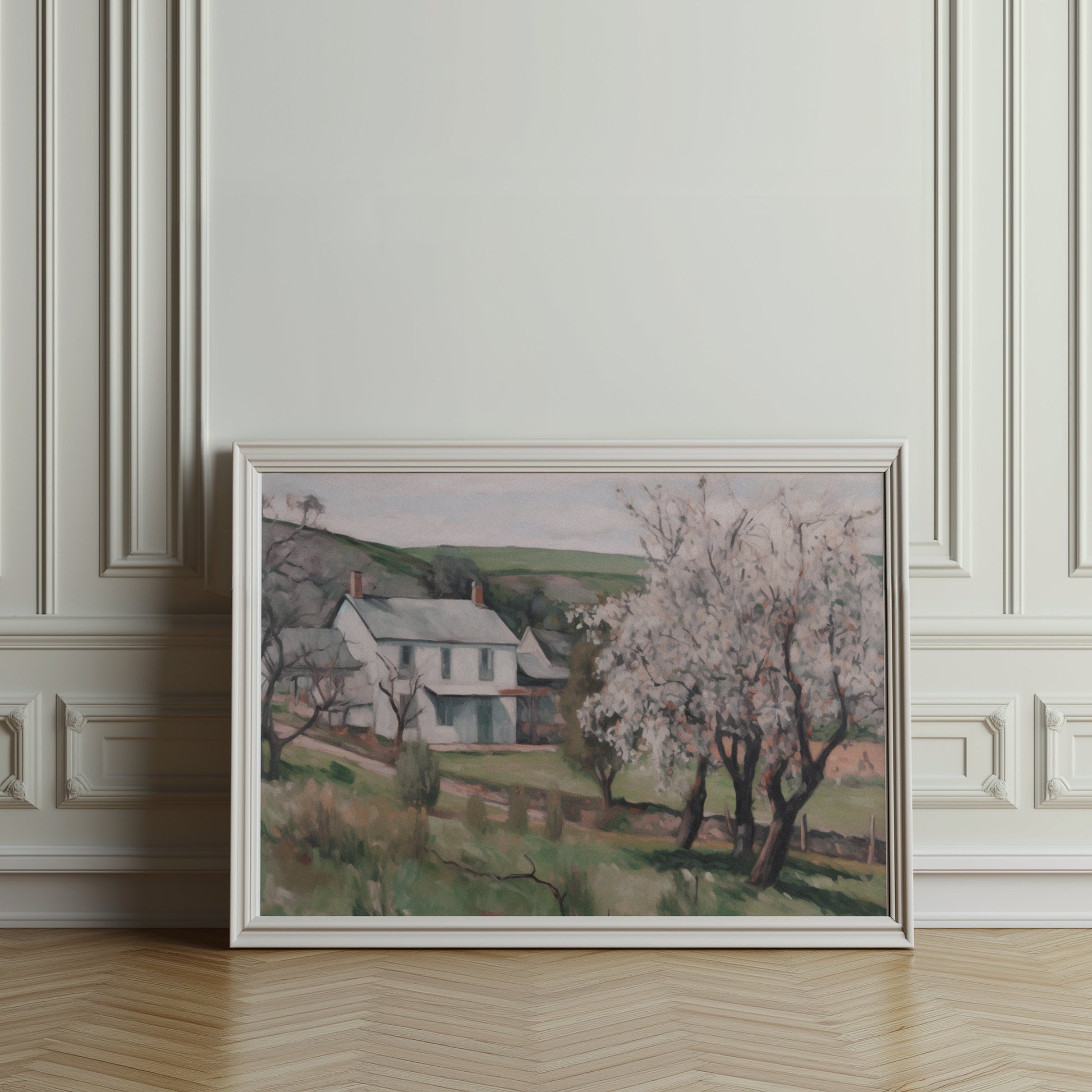 Premium Poster of Serene Countryside Home with Blossoming Trees Posters