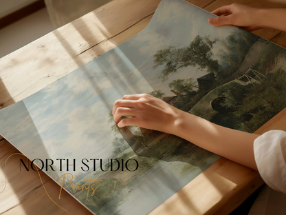 Premium Poster of Serene Countryside Landscape Bridge Stream Posters