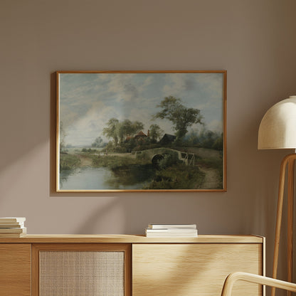 Premium Poster of Serene Countryside Landscape Bridge Stream Posters