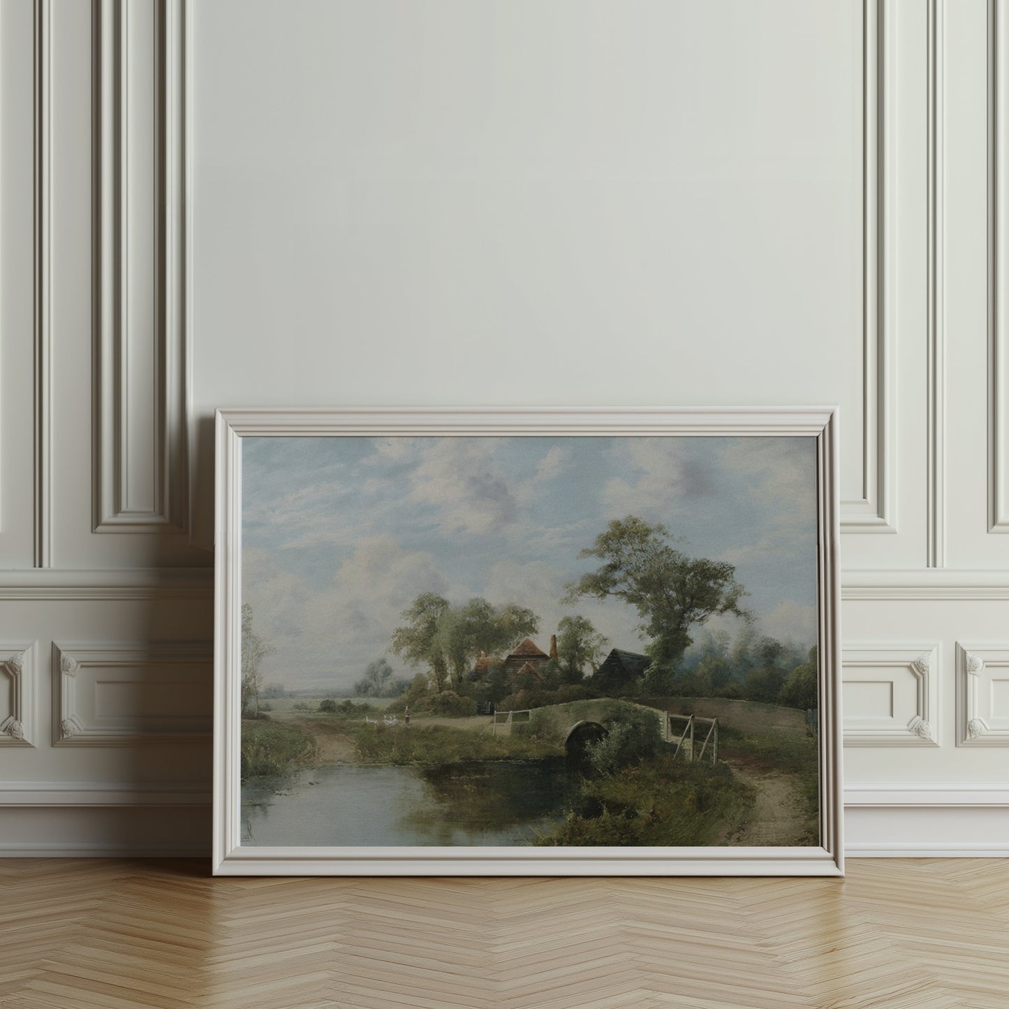 Premium Poster of Serene Countryside Landscape Bridge Stream Posters