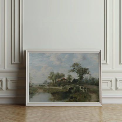 Premium Poster of Serene Countryside Landscape Bridge Stream Posters