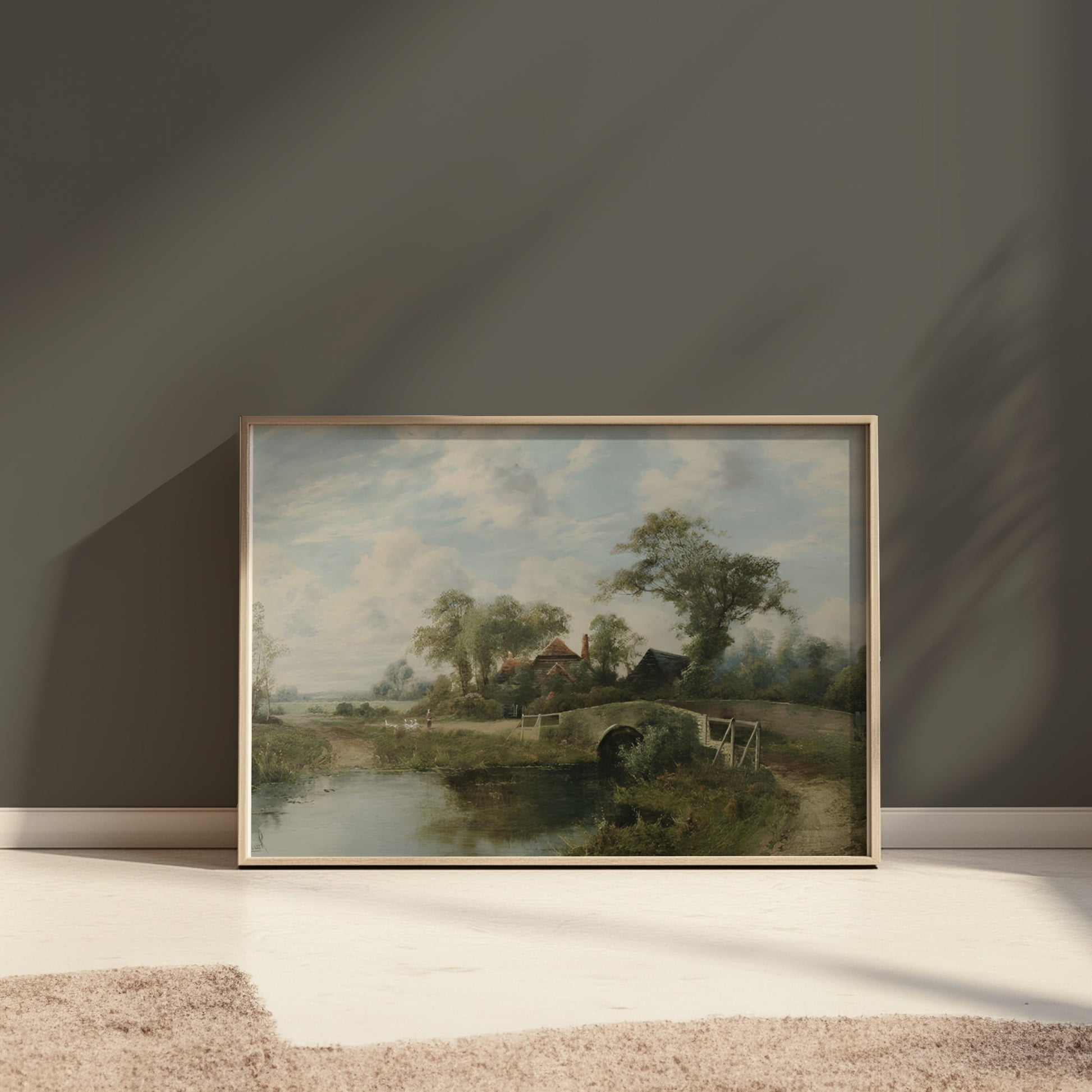 Premium Poster of Serene Countryside Landscape Bridge Stream Posters