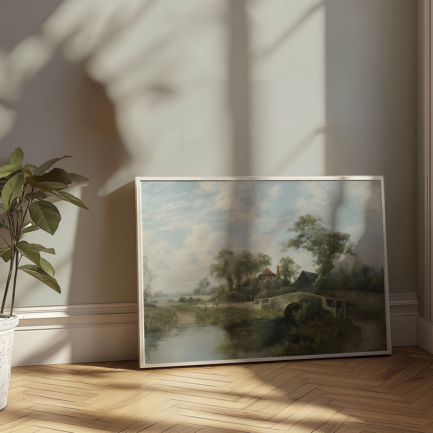 Premium Poster of Serene Countryside Landscape Bridge Stream Posters