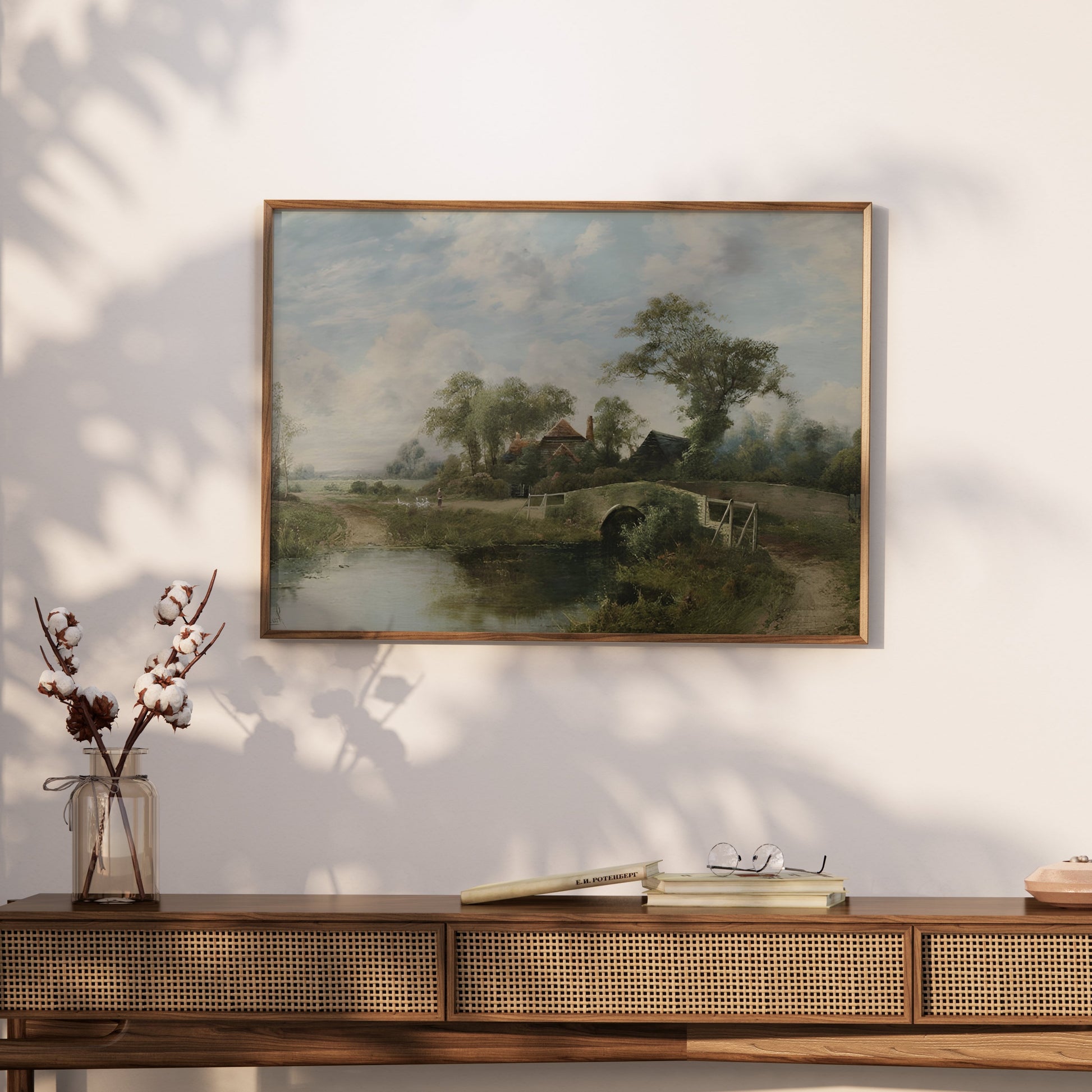 Premium Poster of Serene Countryside Landscape Bridge Stream Posters
