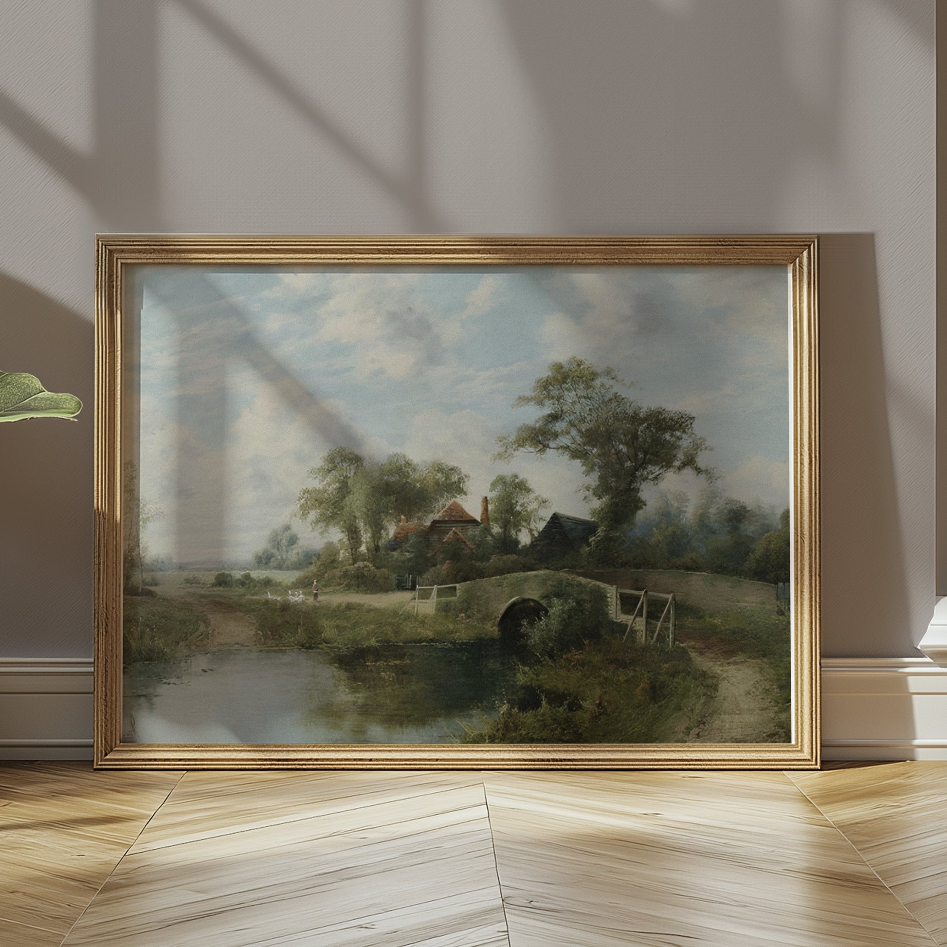 Premium Poster of Serene Countryside Landscape Bridge Stream Posters