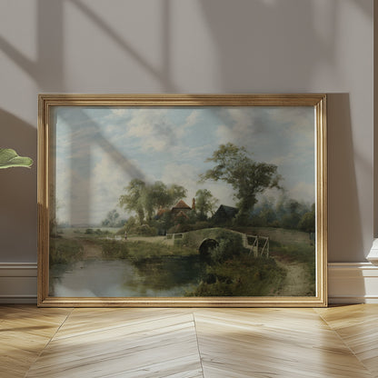 Premium Poster of Serene Countryside Landscape Bridge Stream Posters