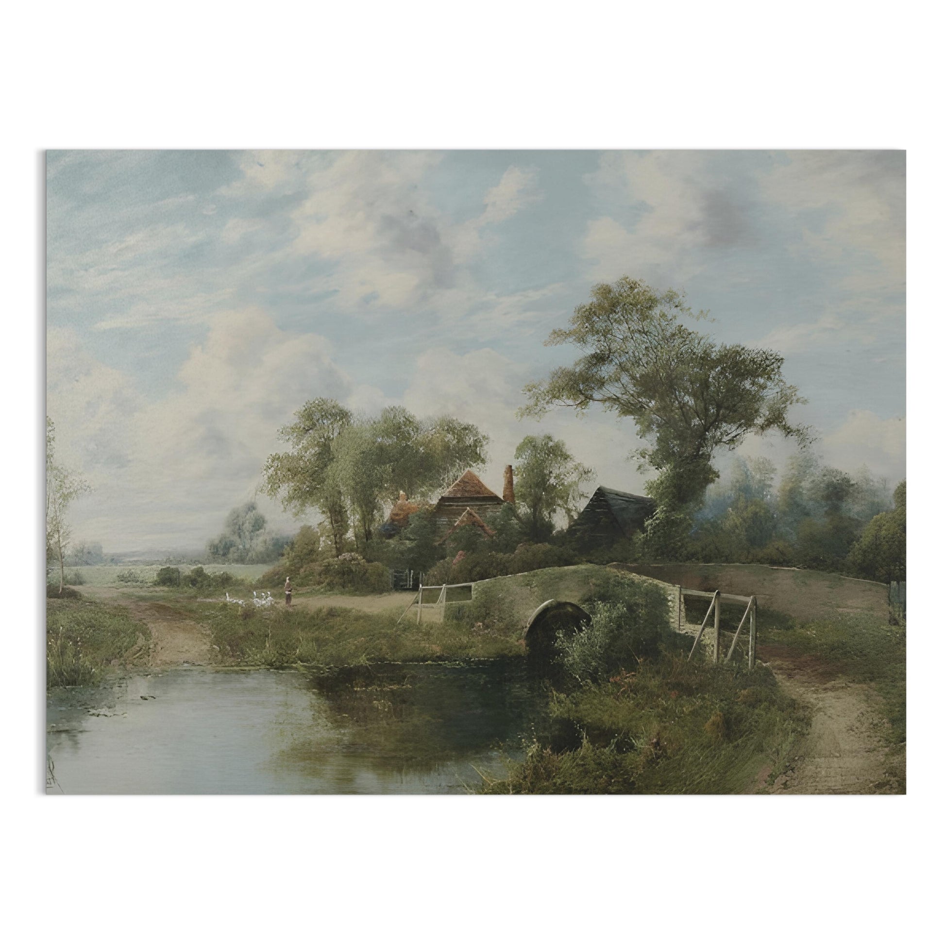 Premium Poster of Serene Countryside Landscape Bridge Stream Posters