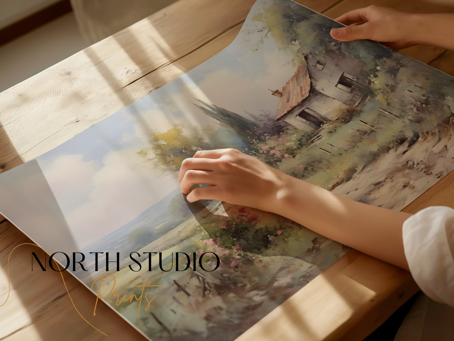 Premium Poster of Serene Countryside Landscape with House and Flowers Posters