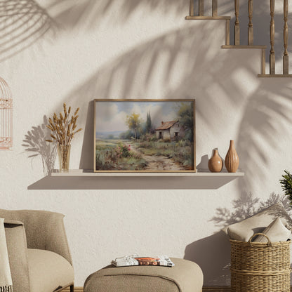 Premium Poster of Serene Countryside Landscape with House and Flowers Posters