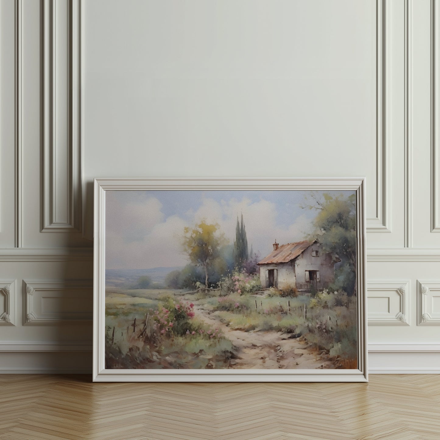 Premium Poster of Serene Countryside Landscape with House and Flowers Posters