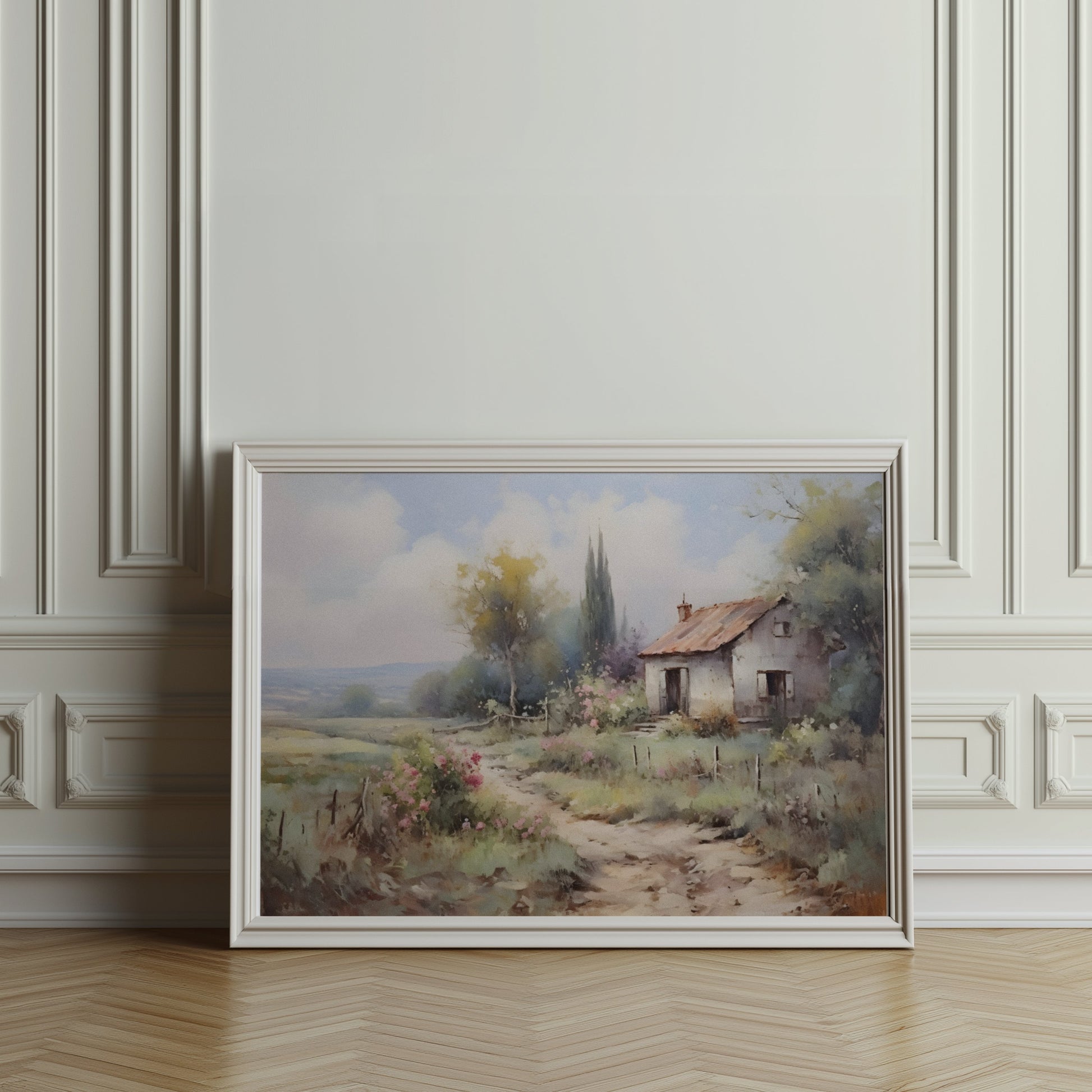 Premium Poster of Serene Countryside Landscape with House and Flowers Posters