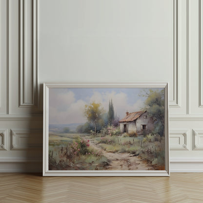 Premium Poster of Serene Countryside Landscape with House and Flowers Posters