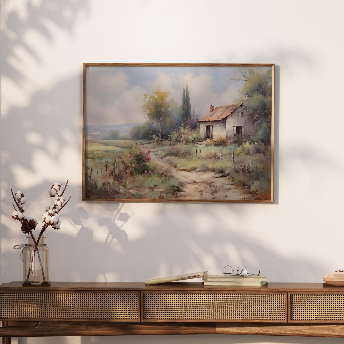 Premium Poster of Serene Countryside Landscape with House and Flowers Posters