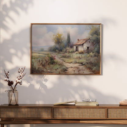 Premium Poster of Serene Countryside Landscape with House and Flowers Posters