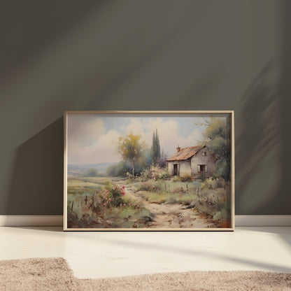 Premium Poster of Serene Countryside Landscape with House and Flowers Posters
