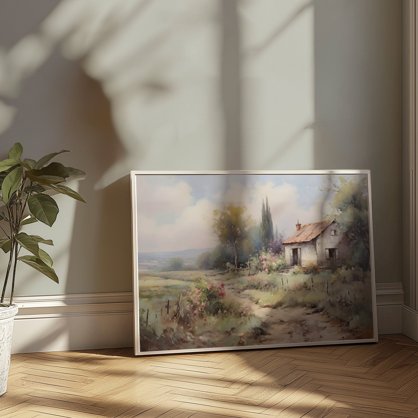 Premium Poster of Serene Countryside Landscape with House and Flowers Posters