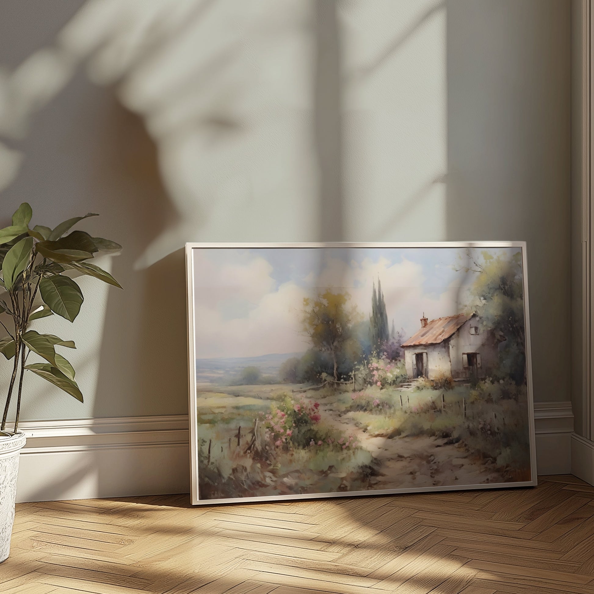 Premium Poster of Serene Countryside Landscape with House and Flowers Posters