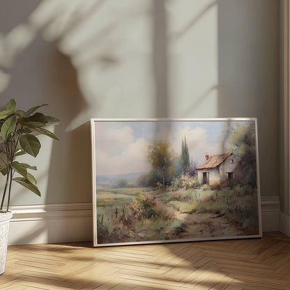Premium Poster of Serene Countryside Landscape with House and Flowers Posters