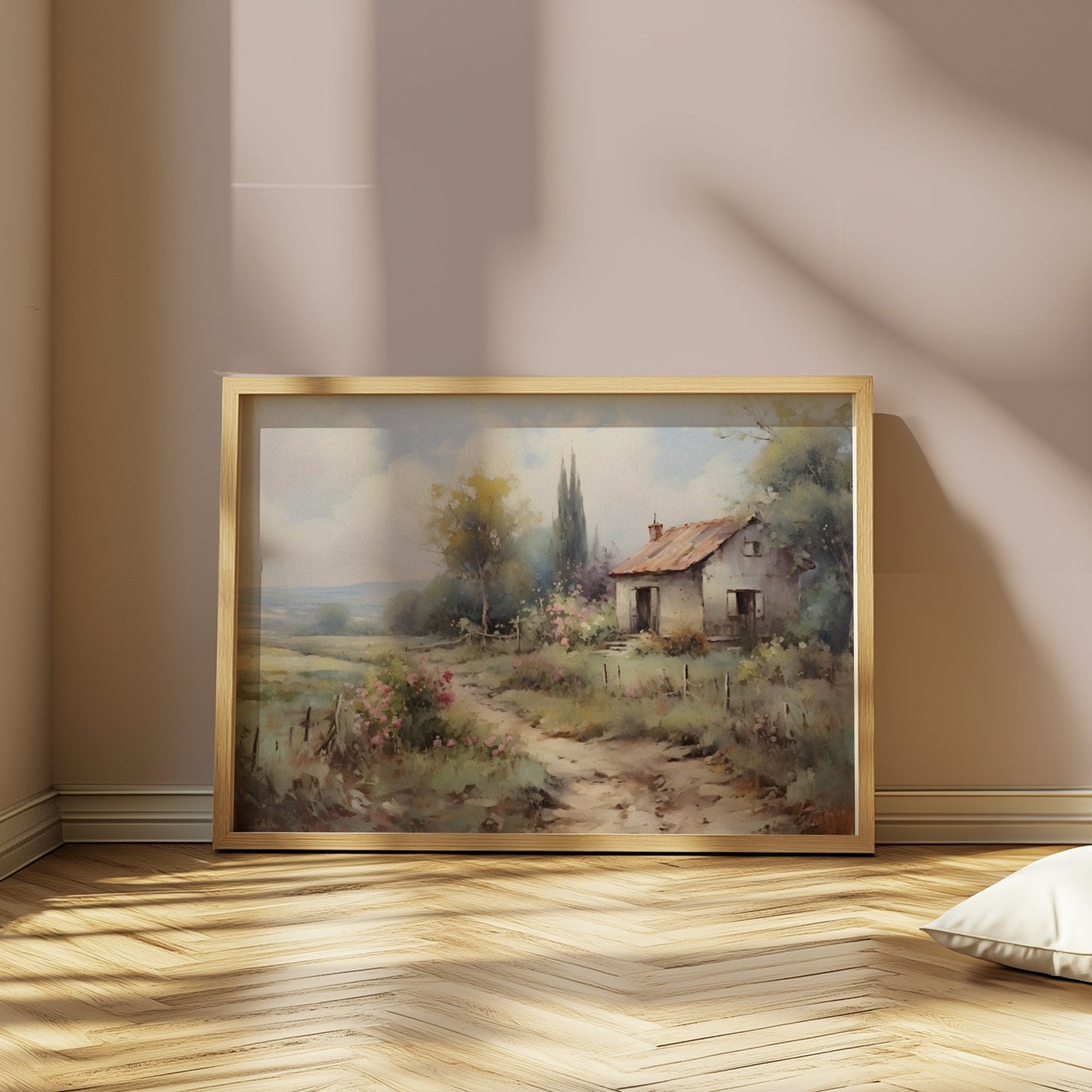 Premium Poster of Serene Countryside Landscape with House and Flowers Posters