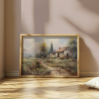 Premium Poster of Serene Countryside Landscape with House and Flowers Posters