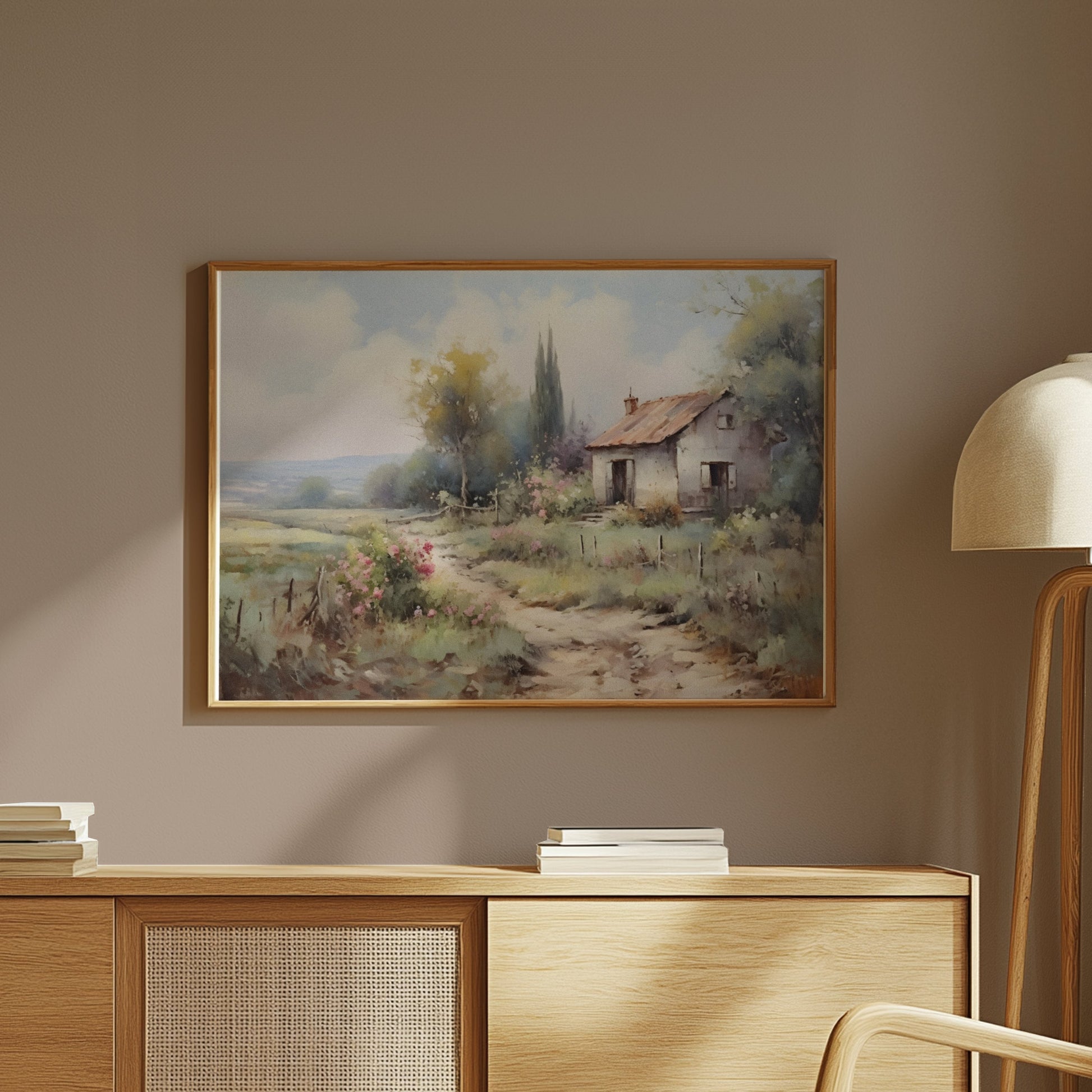 Premium Poster of Serene Countryside Landscape with House and Flowers Posters