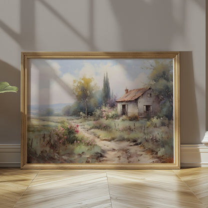Premium Poster of Serene Countryside Landscape with House and Flowers Posters
