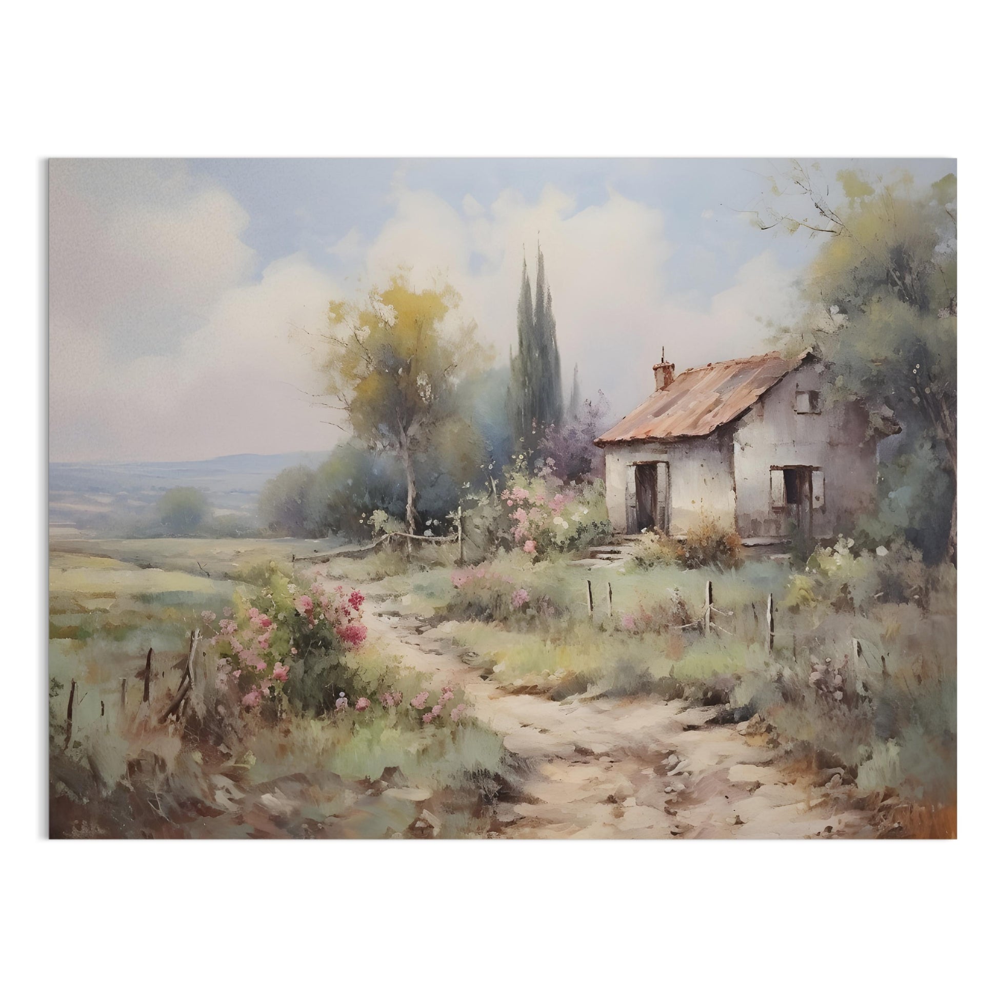 Premium Poster of Serene Countryside Landscape with House and Flowers Posters