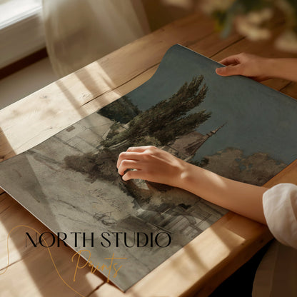 Premium Poster of Serene Countryside Landscape with Trees and Buildings Posters