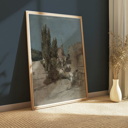 Premium Poster of Serene Countryside Landscape with Trees and Buildings Posters