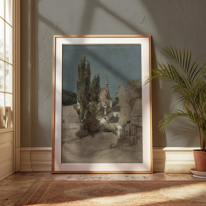 Premium Poster of Serene Countryside Landscape with Trees and Buildings Posters