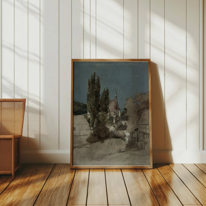 Premium Poster of Serene Countryside Landscape with Trees and Buildings Posters