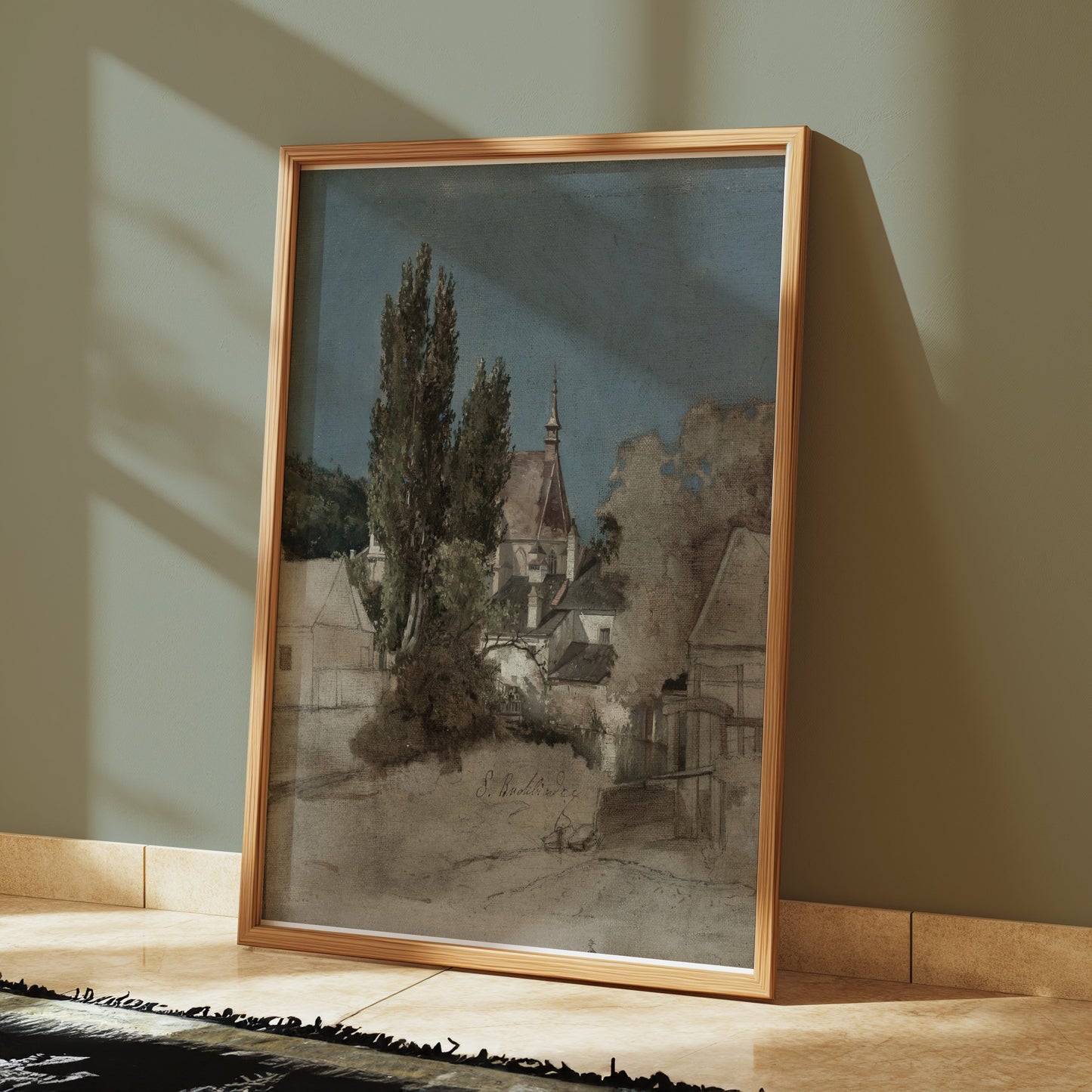 Premium Poster of Serene Countryside Landscape with Trees and Buildings Posters