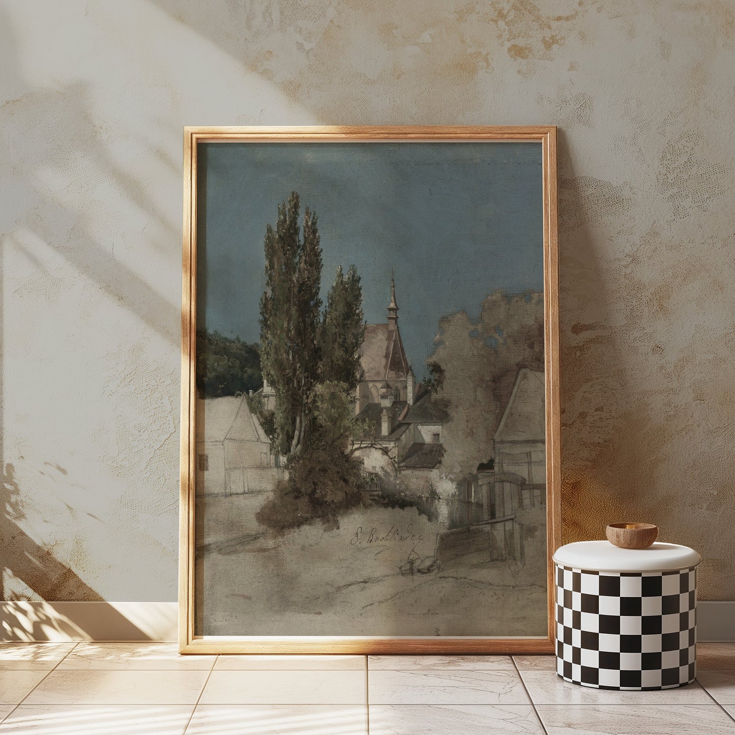 Premium Poster of Serene Countryside Landscape with Trees and Buildings Posters