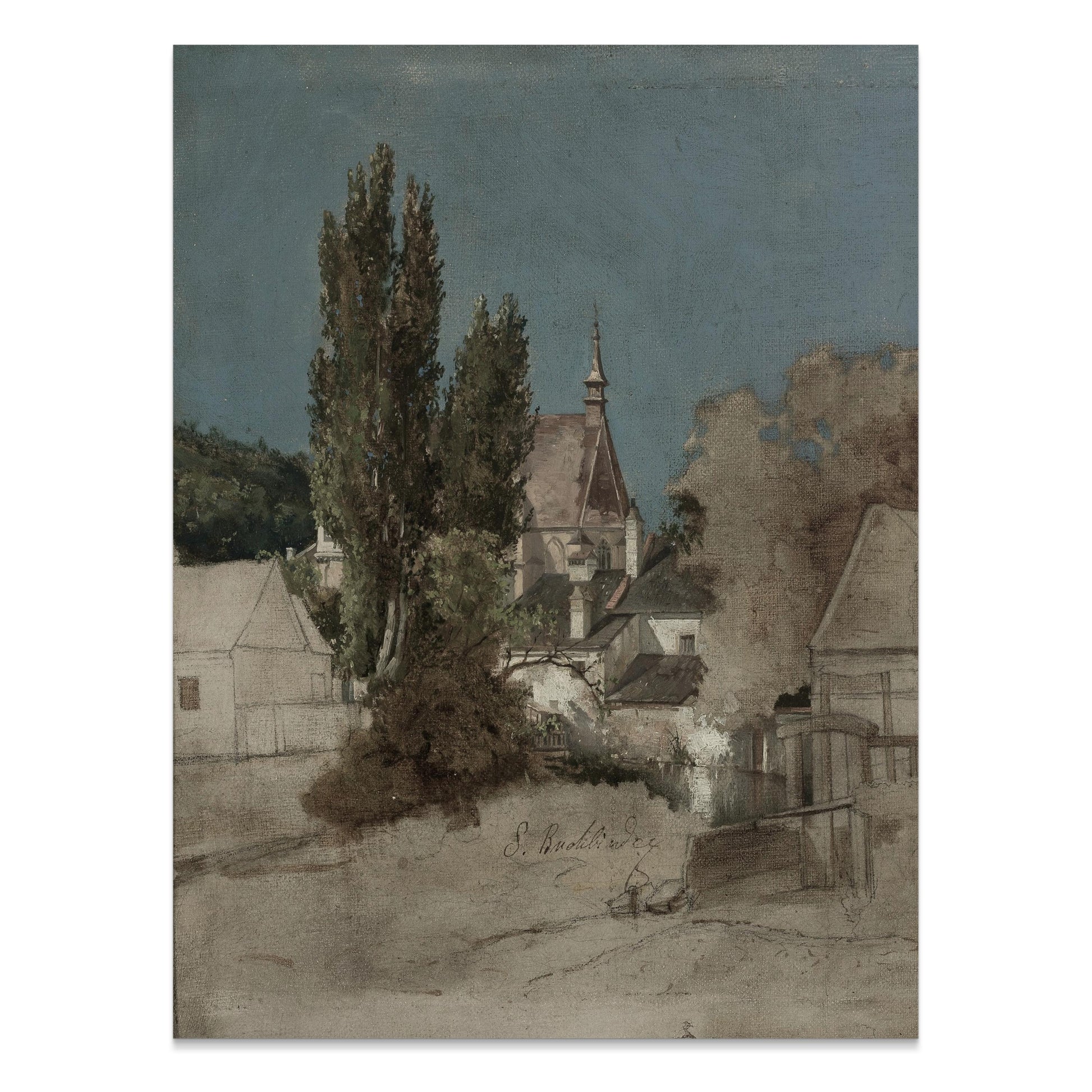 Premium Poster of Serene Countryside Landscape with Trees and Buildings Posters