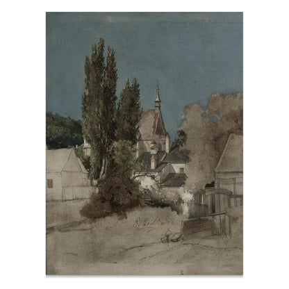 Premium Poster of Serene Countryside Landscape with Trees and Buildings Posters