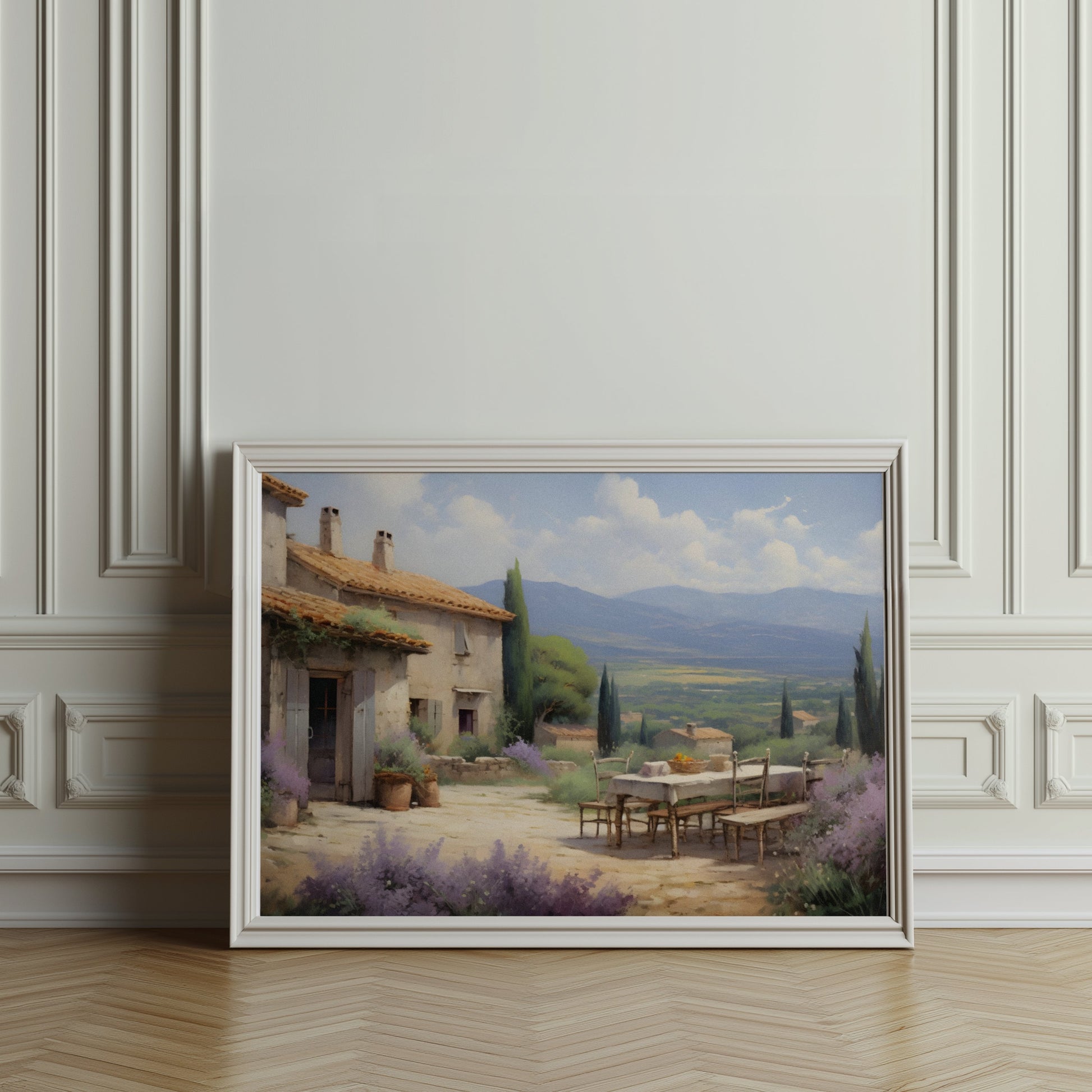Premium Poster of Serene Countryside Scenic Patio with Mountains Art Posters