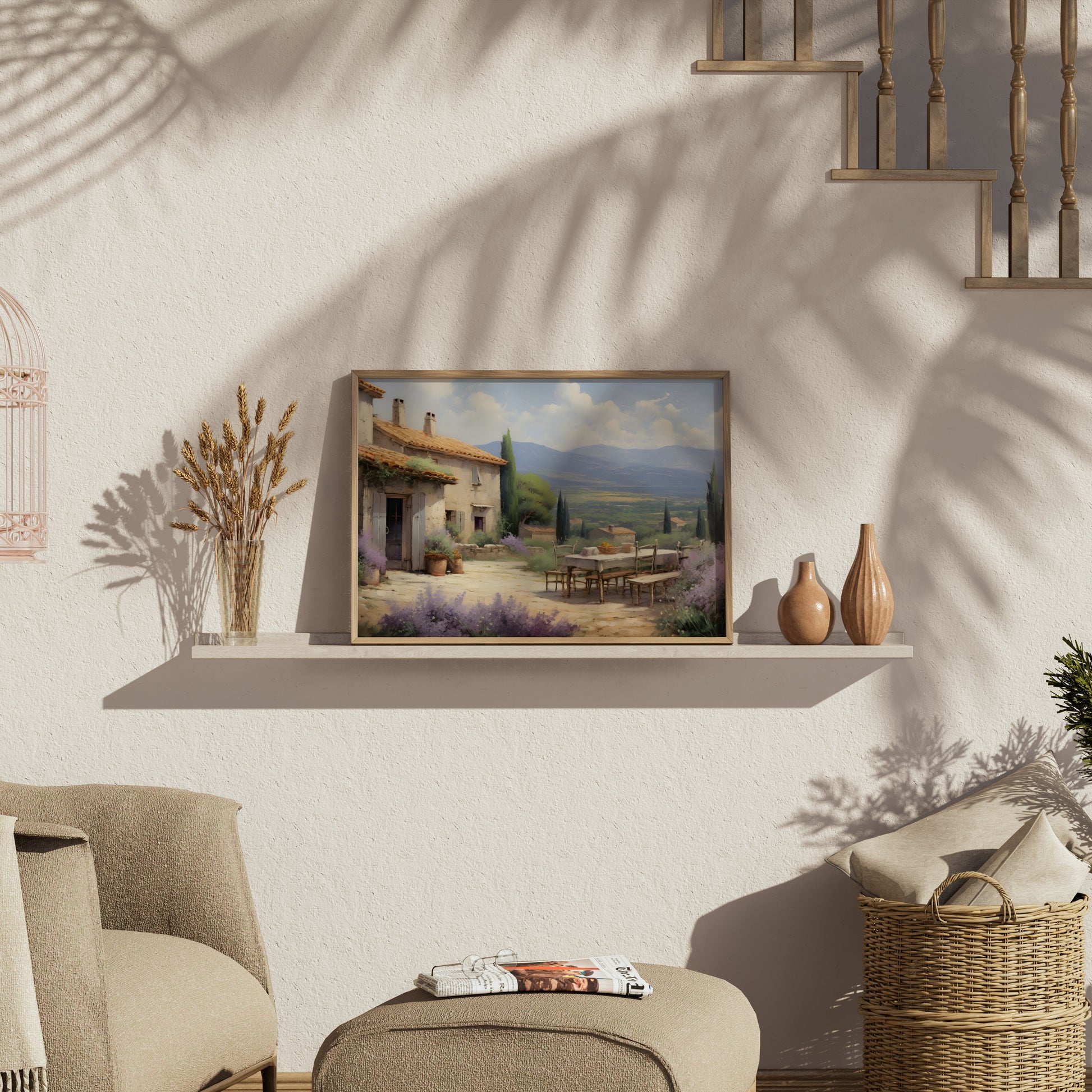 Premium Poster of Serene Countryside Scenic Patio with Mountains Art Posters