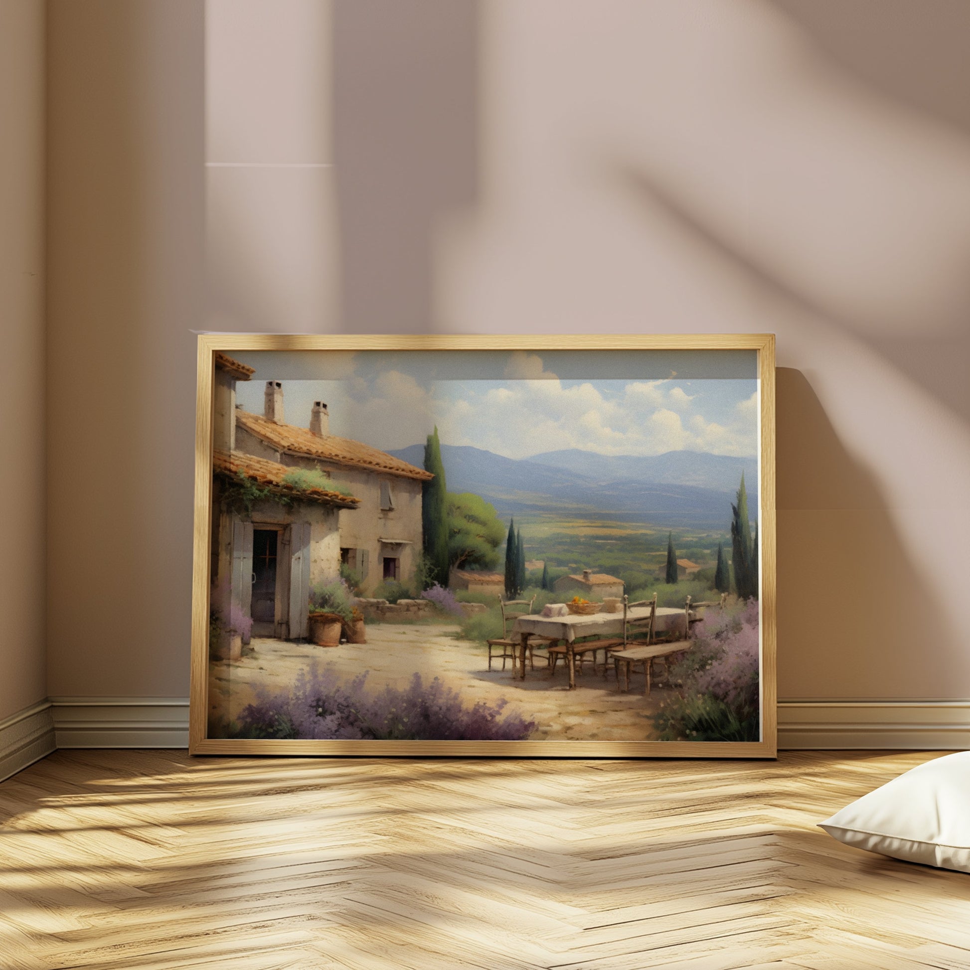 Premium Poster of Serene Countryside Scenic Patio with Mountains Art Posters