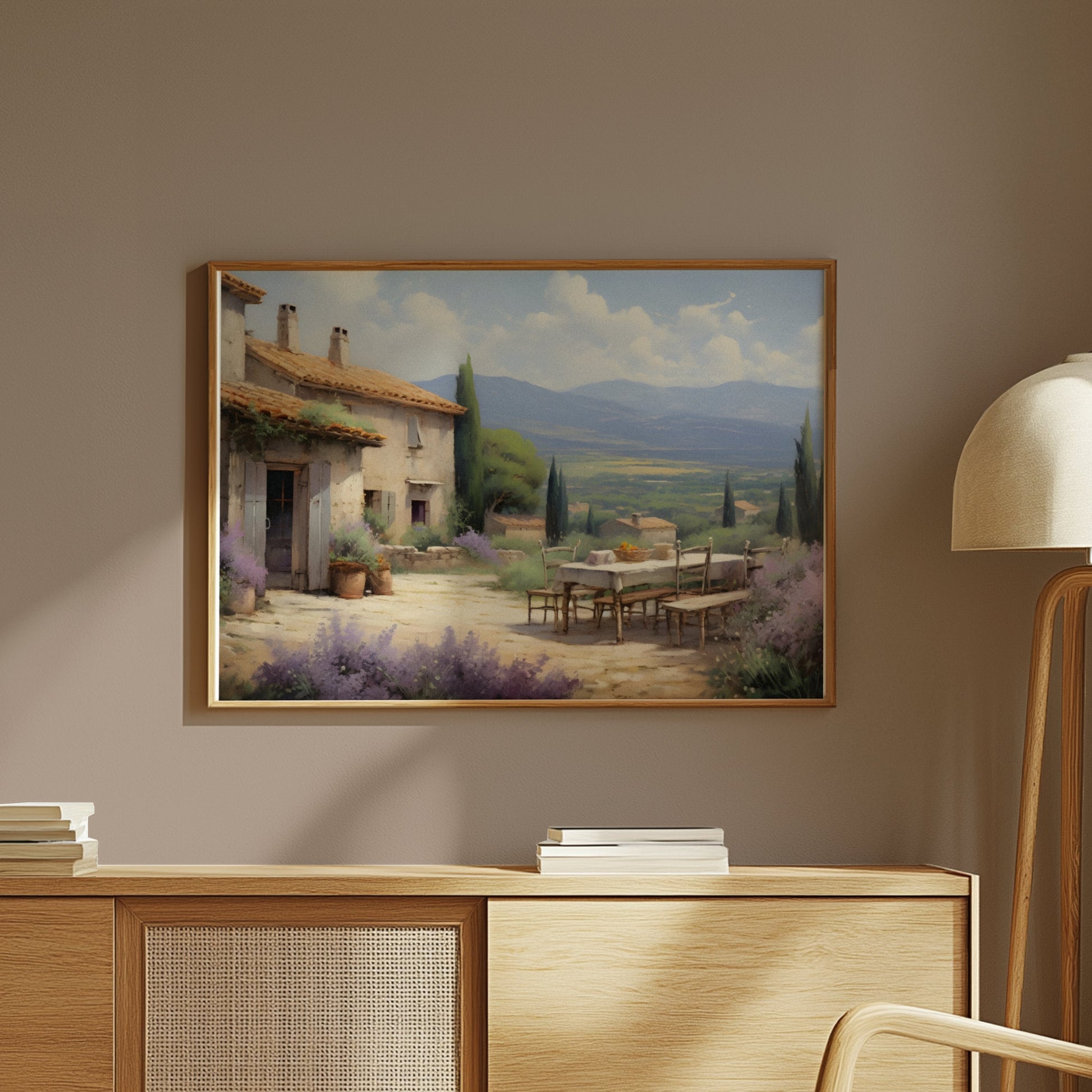 Premium Poster of Serene Countryside Scenic Patio with Mountains Art Posters