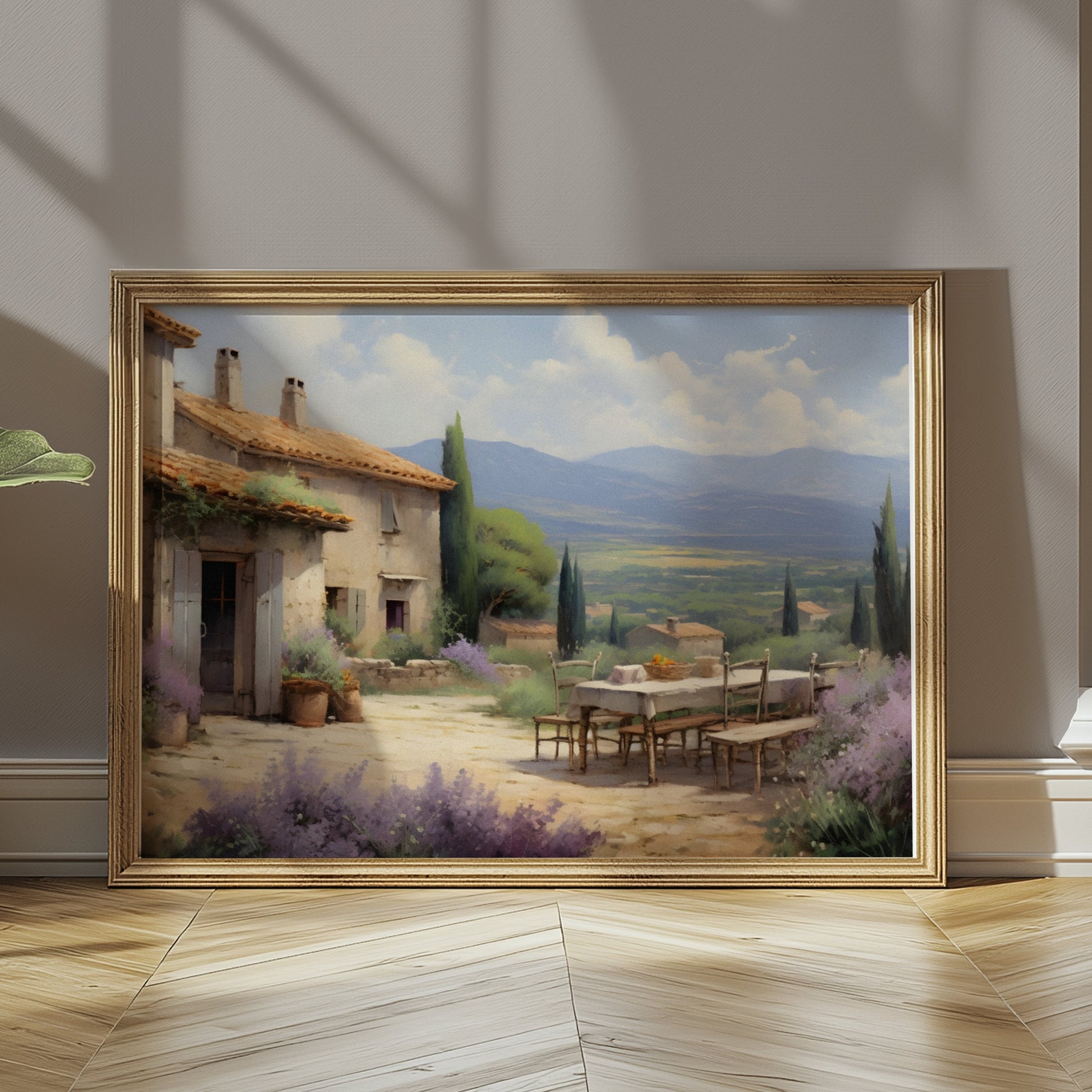 Premium Poster of Serene Countryside Scenic Patio with Mountains Art Posters