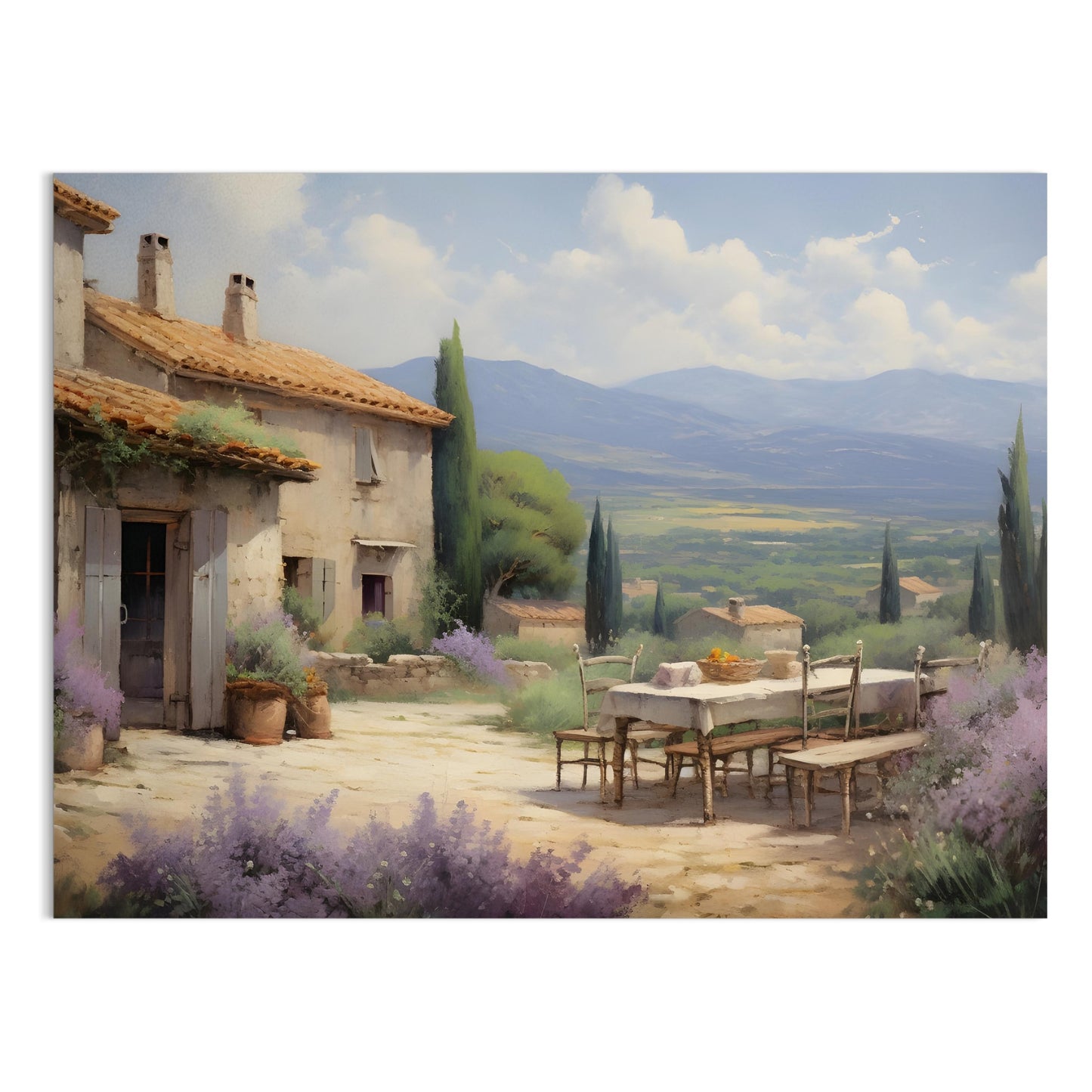 Premium Poster of Serene Countryside Scenic Patio with Mountains Art Posters