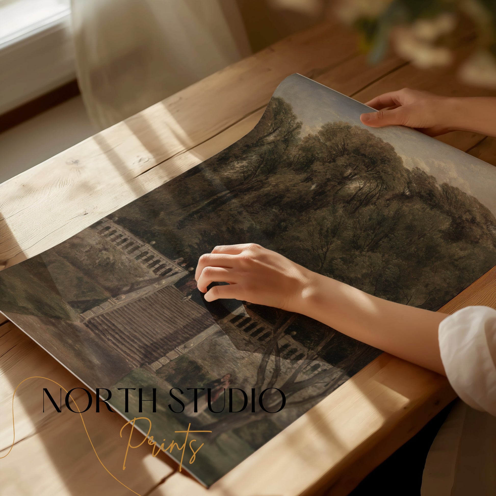 Premium Poster of Serene Forest Garden Stairs with Cloudy Sky Posters
