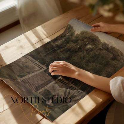 Premium Poster of Serene Forest Garden Stairs with Cloudy Sky Posters