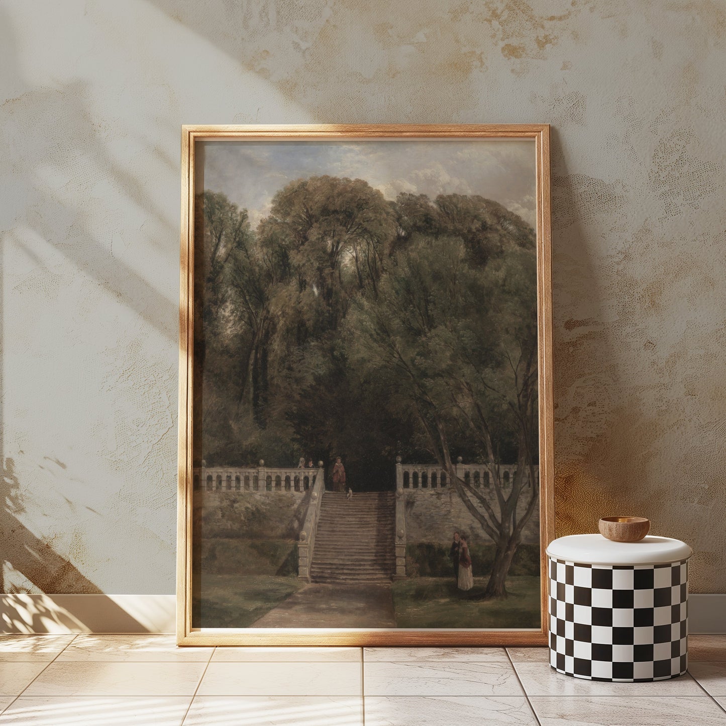 Premium Poster of Serene Forest Garden Stairs with Cloudy Sky Posters