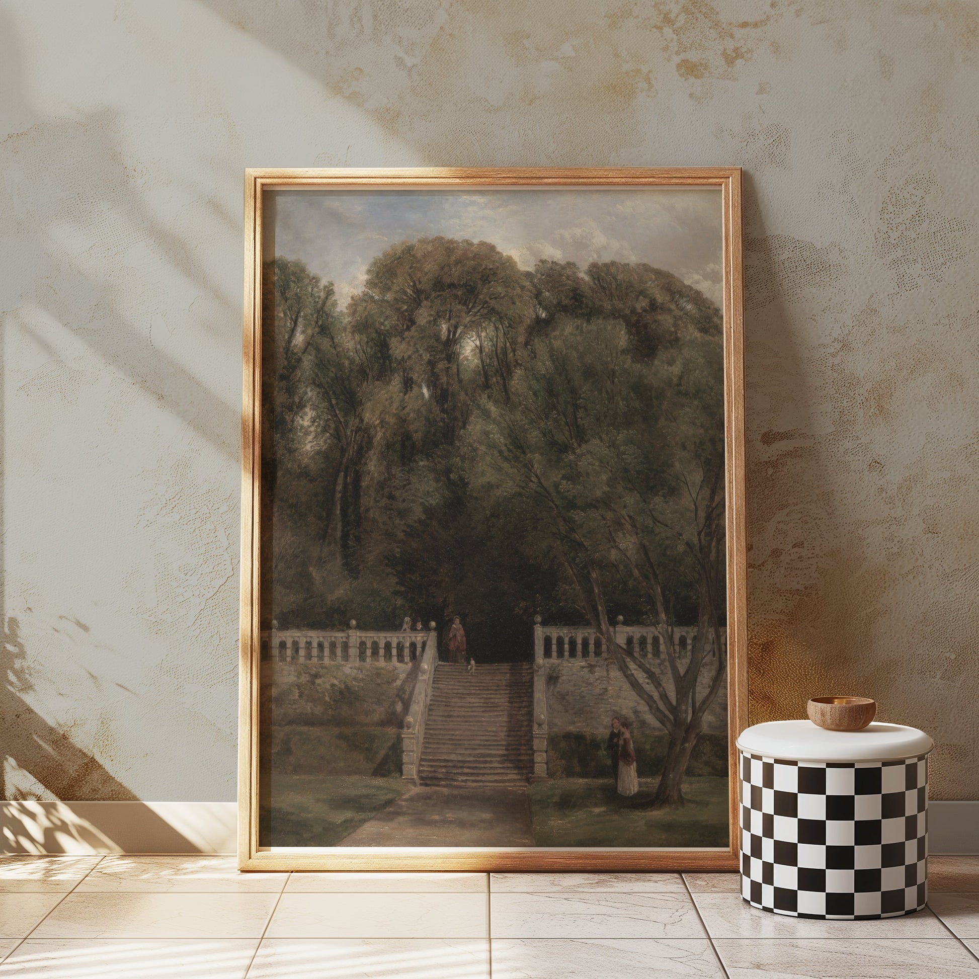 Premium Poster of Serene Forest Garden Stairs with Cloudy Sky Posters
