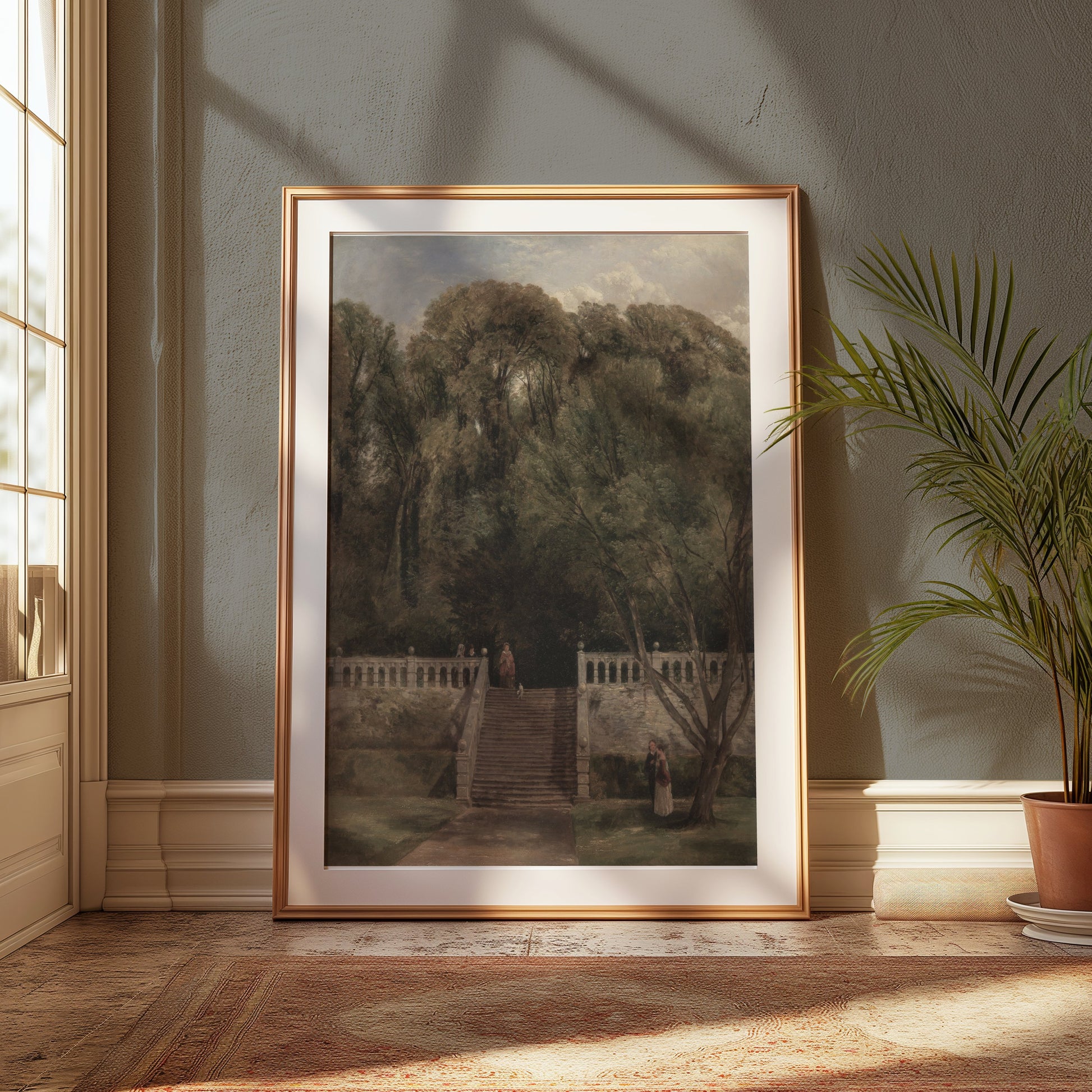 Premium Poster of Serene Forest Garden Stairs with Cloudy Sky Posters