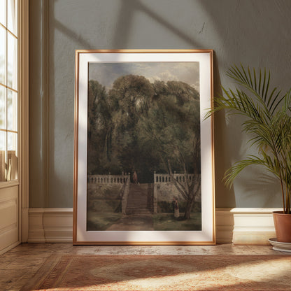 Premium Poster of Serene Forest Garden Stairs with Cloudy Sky Posters