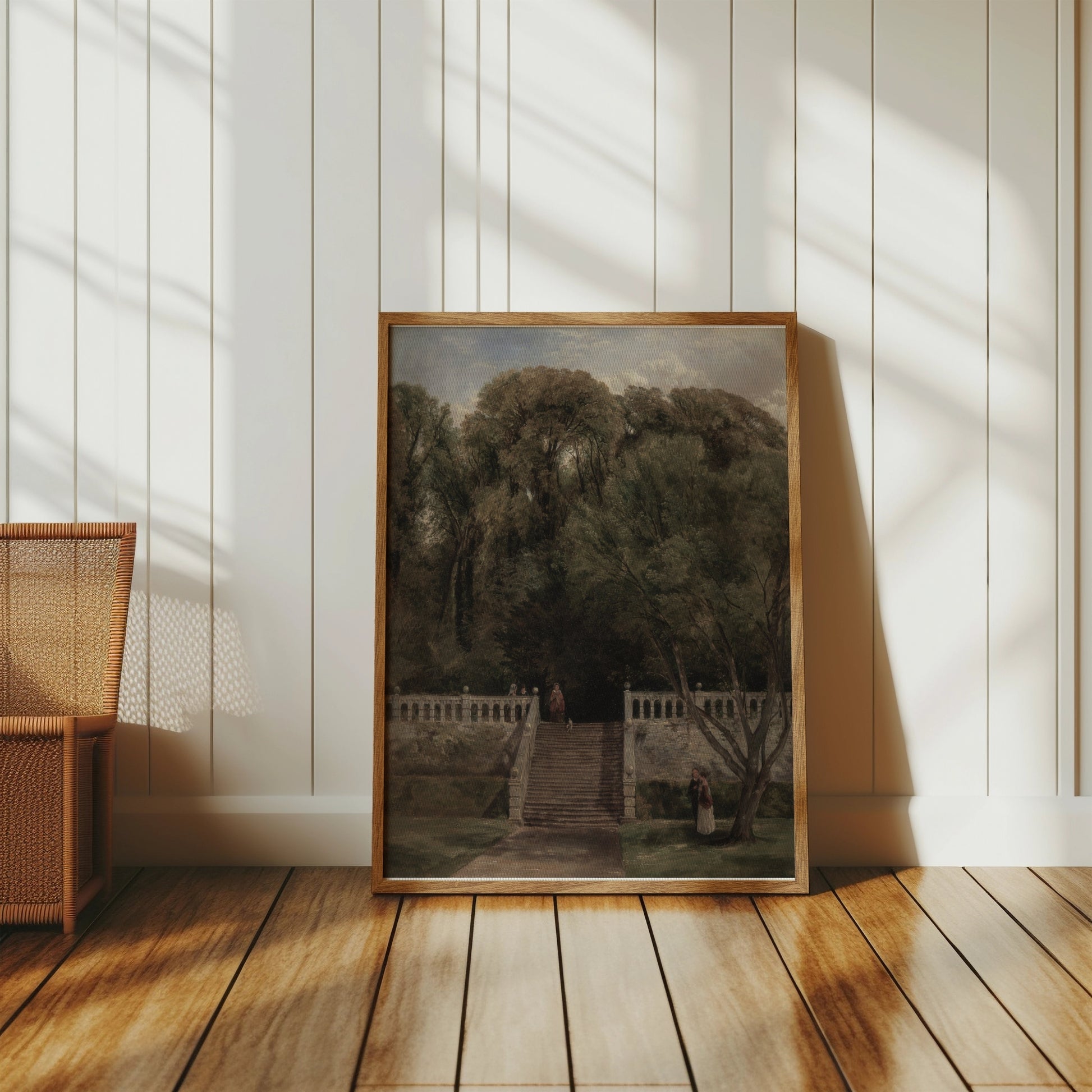 Premium Poster of Serene Forest Garden Stairs with Cloudy Sky Posters